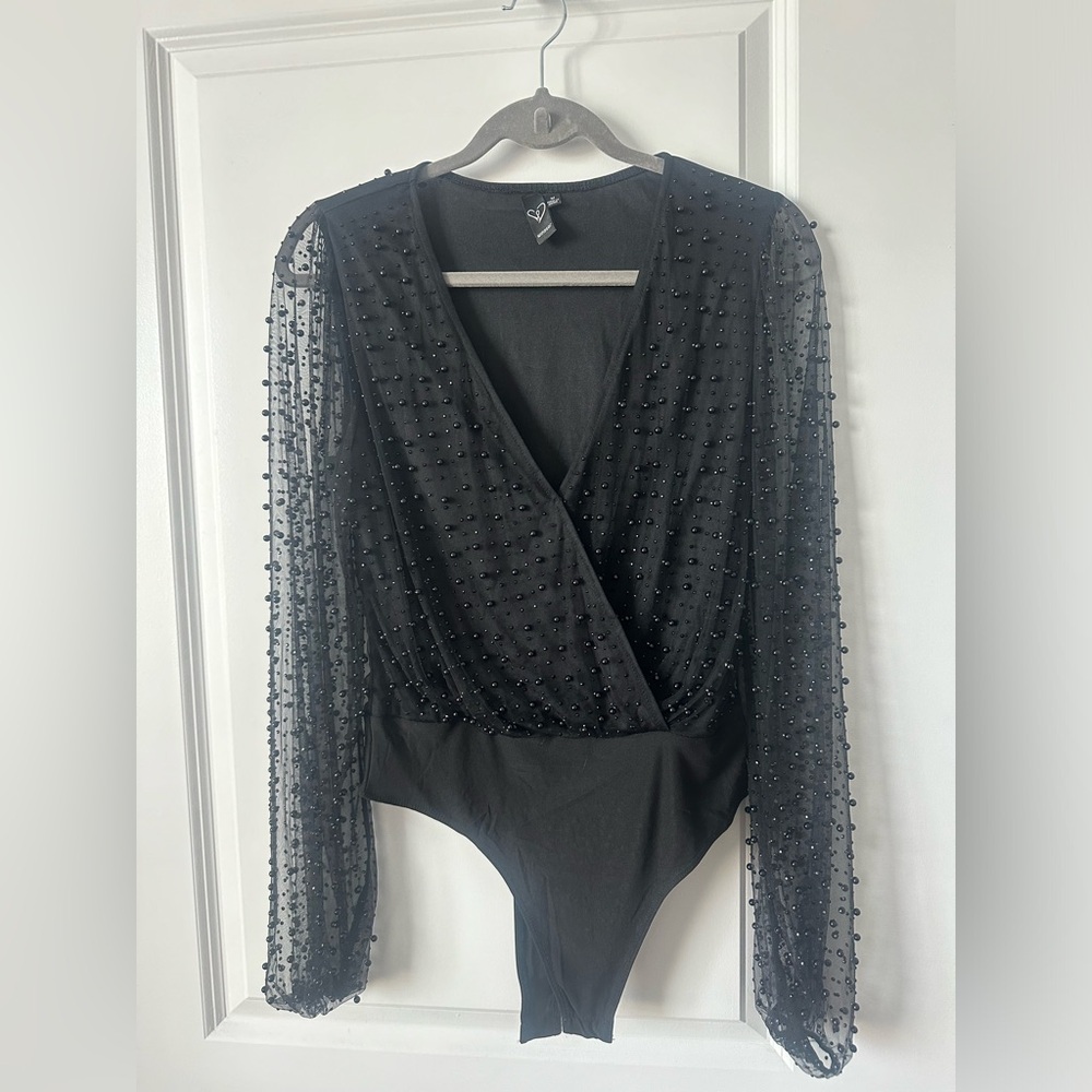 Black beaded mesh body suit